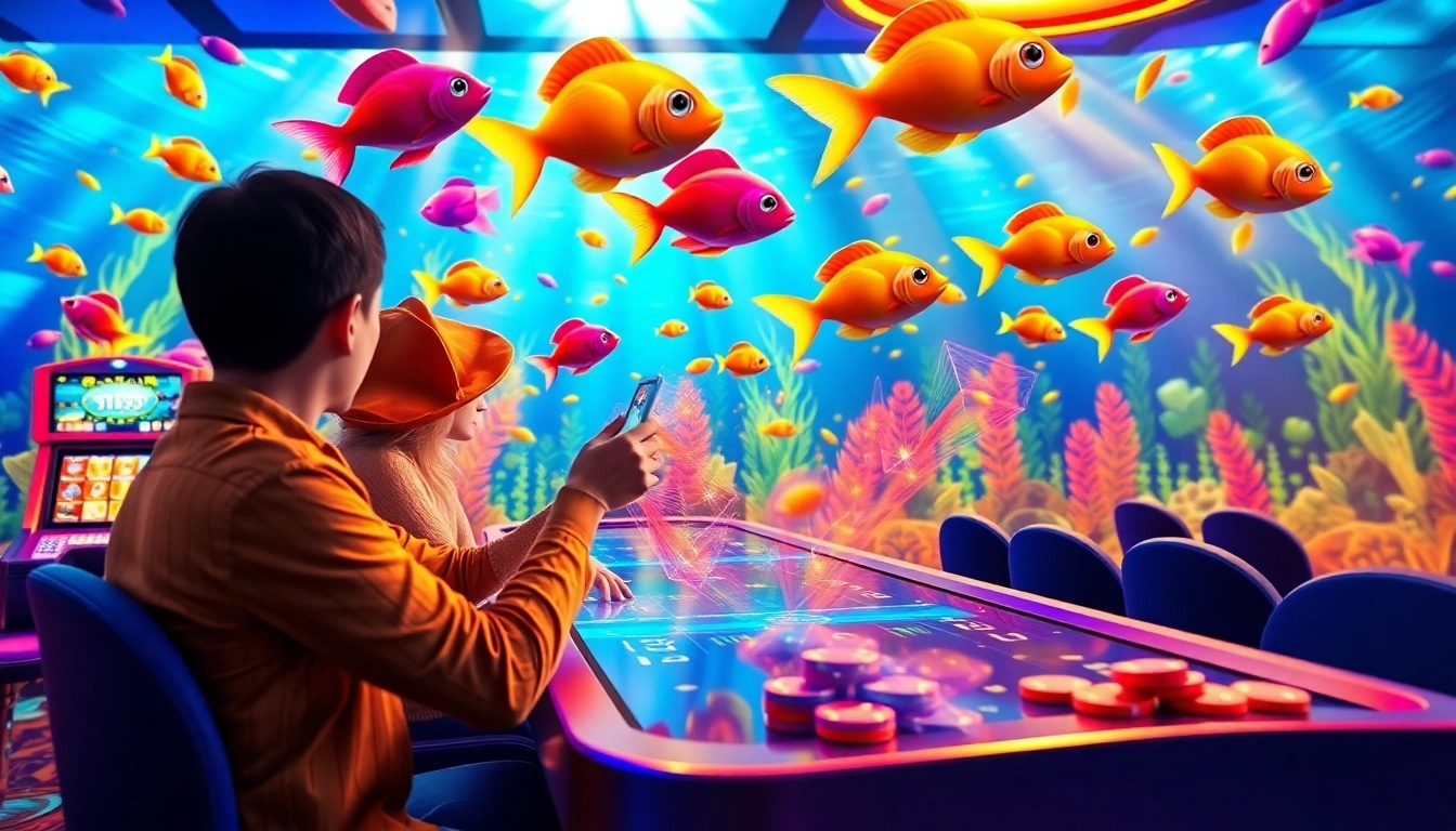 Engaging scene of players enjoying bắn cá in a vibrant casino environment, aiming for virtual fish.