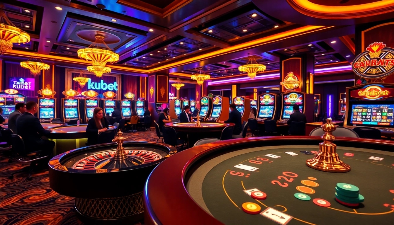 Kubet casino players engaging at roulette and poker tables in a luxurious setting.