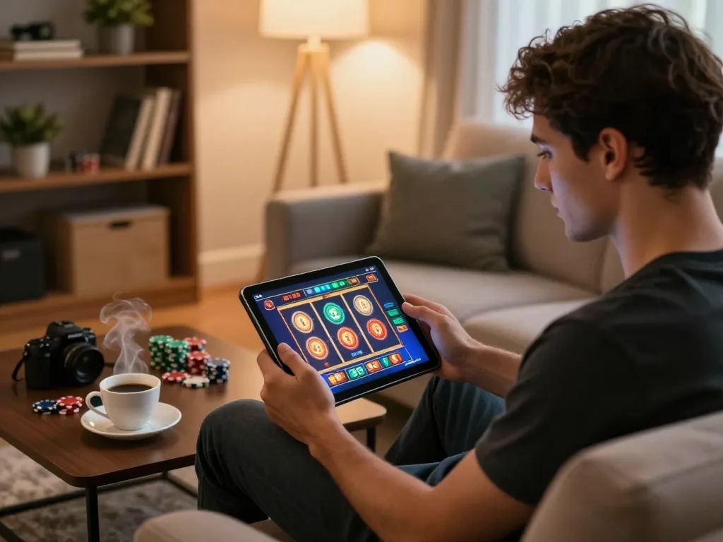 Engaging online slots gameplay on UU88 platform from a cozy home setting with warm lighting.