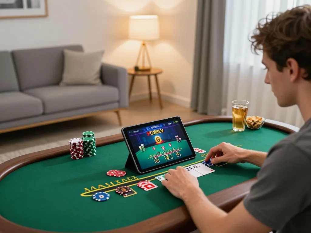 Engaging online gaming experience at home with tablet displaying live dealer blackjack session, featuring link LUCK8 for seamless access.