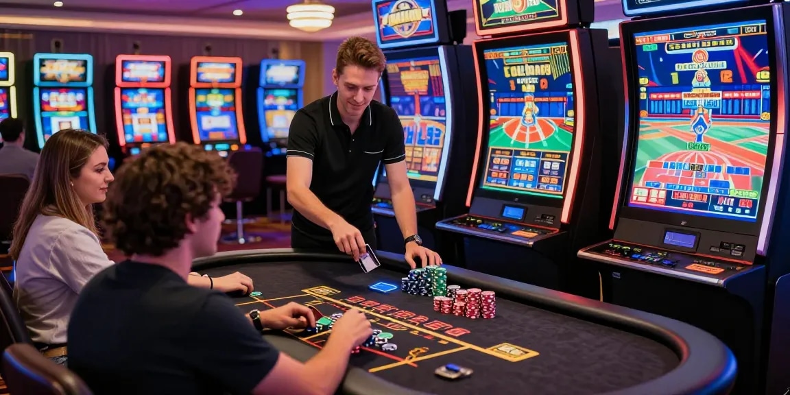 Players enjoying jumpspace.org.uk credit card casinos at a dynamic online gaming table with vibrant slot machines.