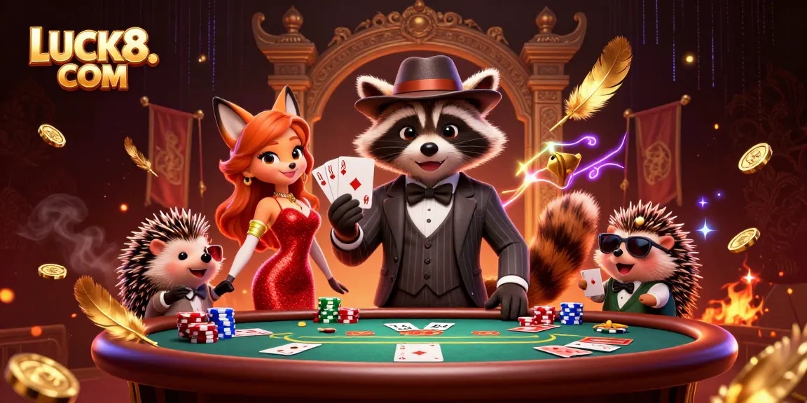 Experience excitement at LUCK8. COM with raccoon poker charm and dazzling casino ambiance.