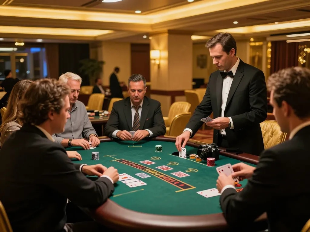Players enjoying a thrilling game of blackjack at lc88 casino, showcasing dynamic dealer interactions and luxe ambiance.