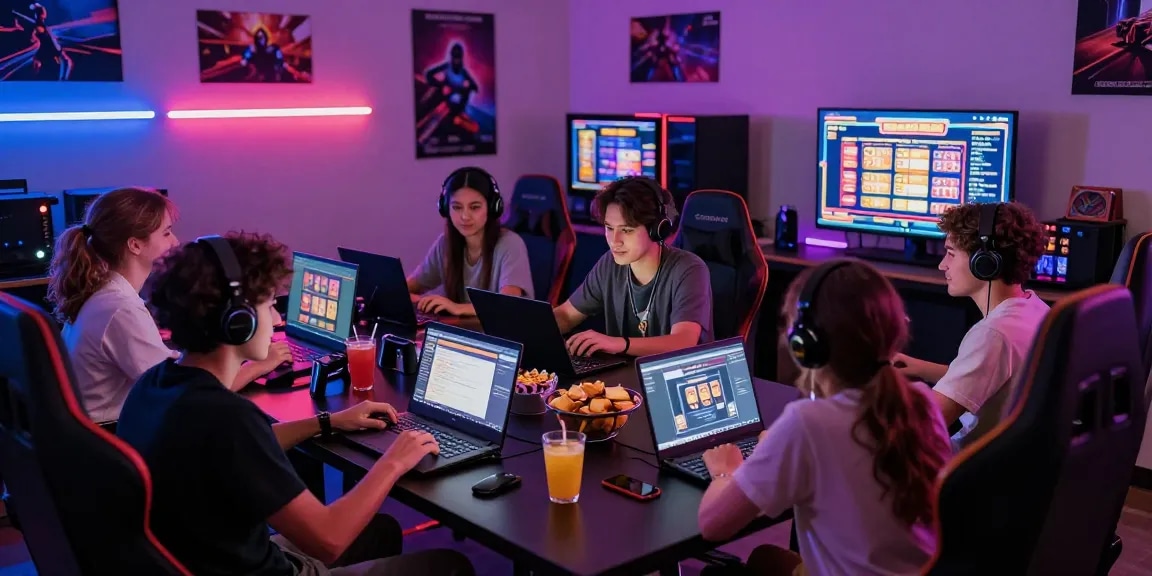 Friends enjoying gaming night at credit card casinos from https://being-there.org.uk with vibrant atmosphere and modern equipment
