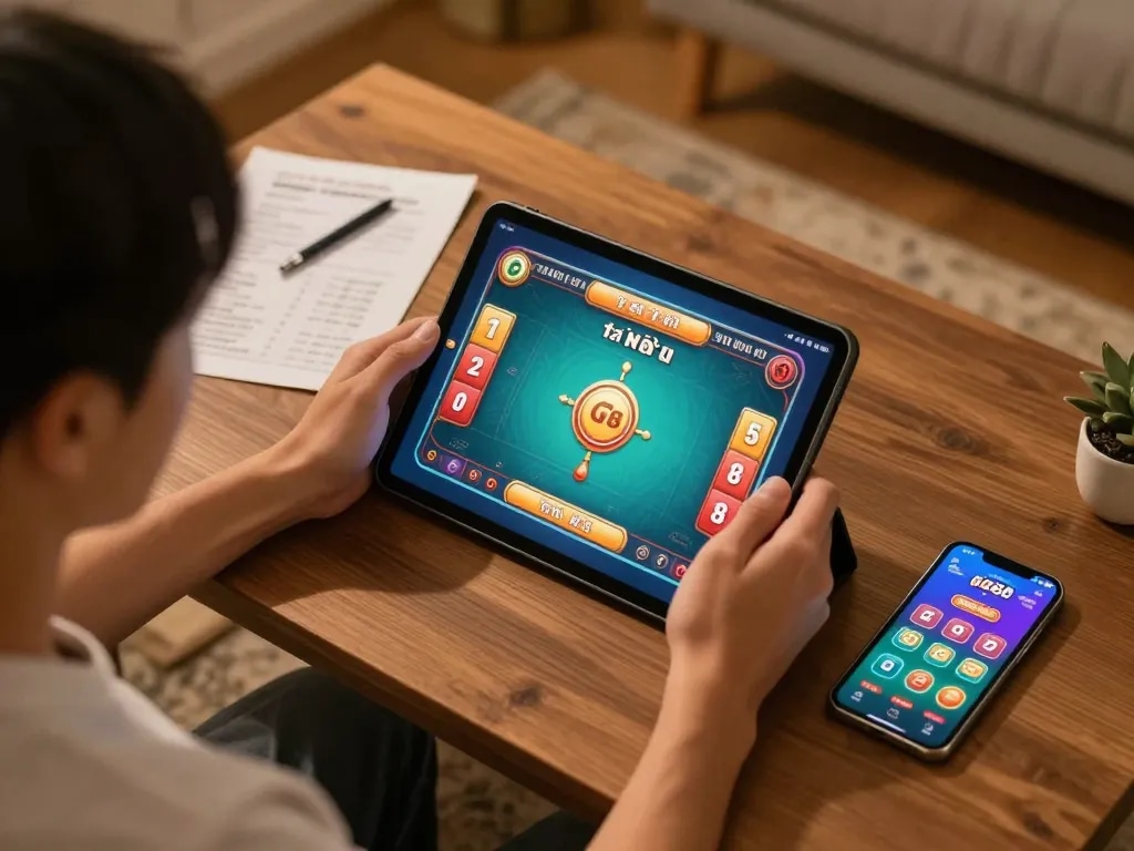 Player enjoying go88 tài xỉu game on tablet in a cozy home setting, showcasing engaging online gambling experience.