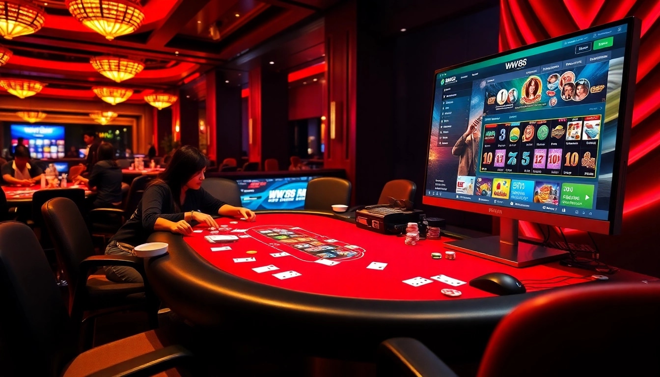 WW88 online gaming scene with vibrant casino elements, engaging players and excited atmosphere.