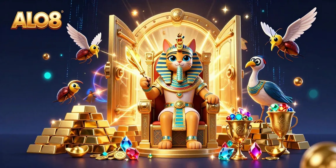 Experience thrilling wins at ALO8, where pharaoh cats preside over golden treasures in a vibrant casino scene.