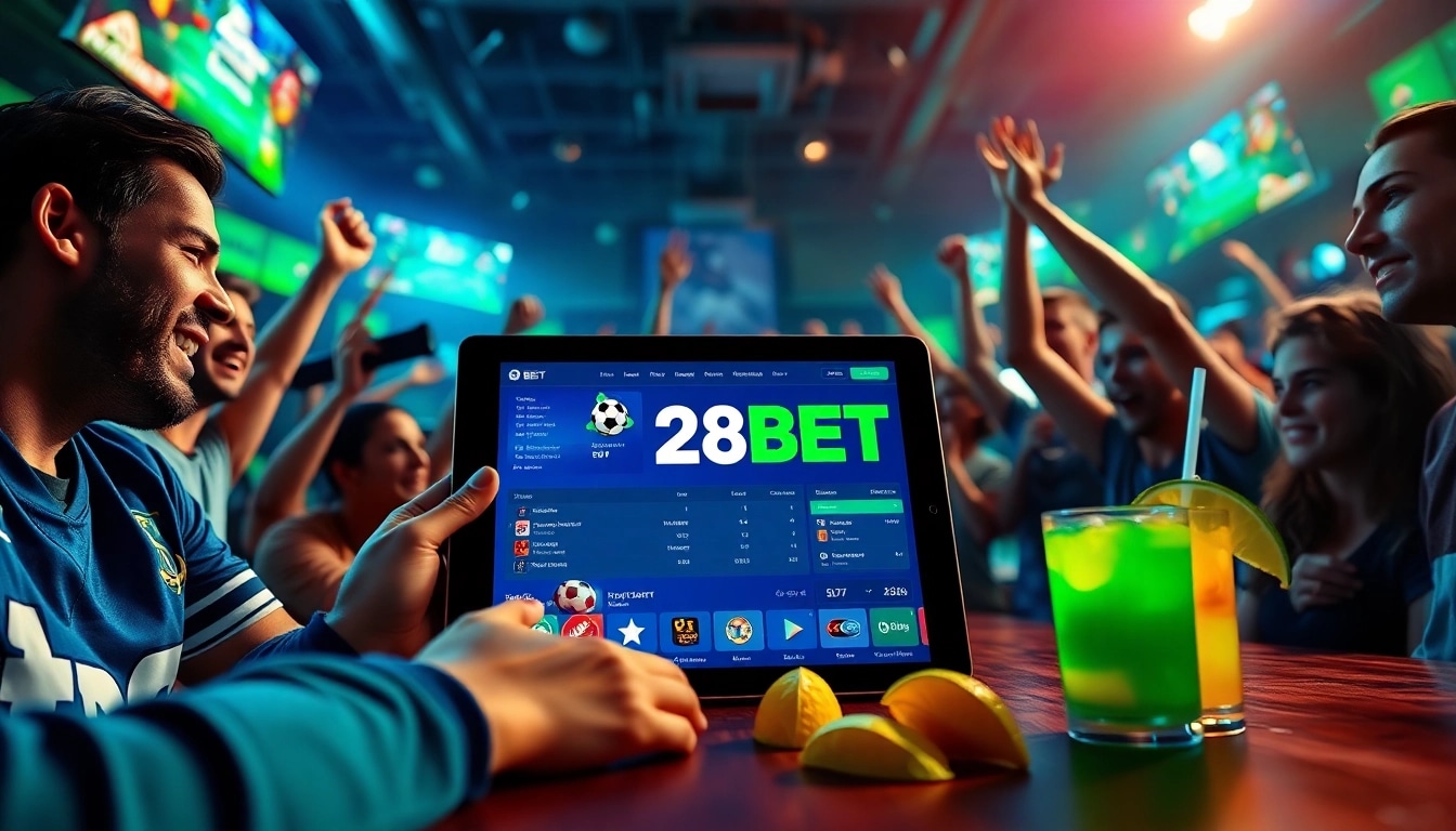 Exciting online betting atmosphere featuring 28BET with sports fans and a user-friendly interface.