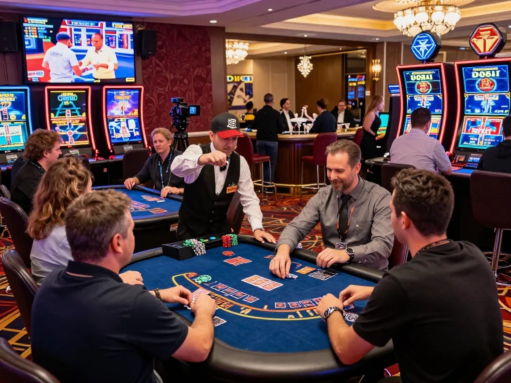 bong99 casino gaming scene with excited players at tables celebrating wins