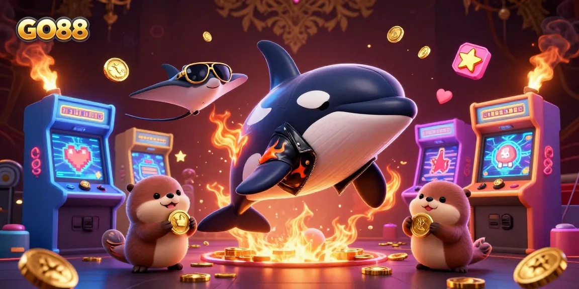 GO88 features vibrant underwater gaming with a whale, stingray, and sea otters celebrating winnings.