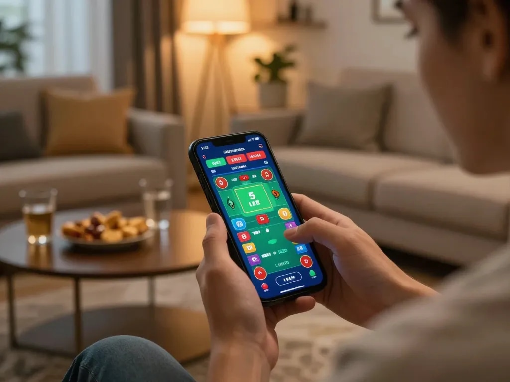 king33 player enjoying live betting on smartphone in cozy home setting