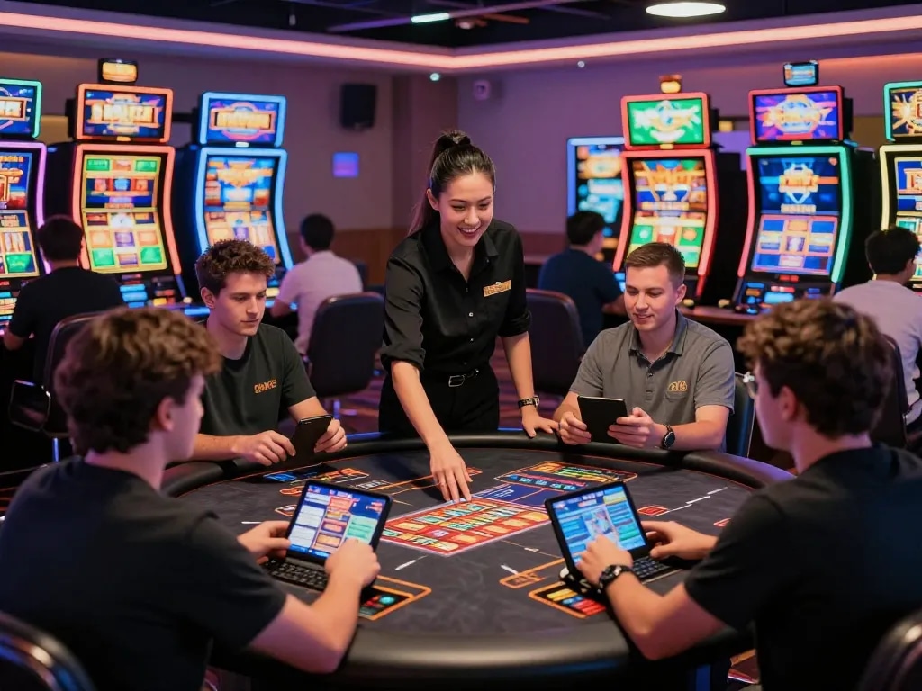 79king online casino with diverse players at vibrant digital gaming tables and colorful slot machines