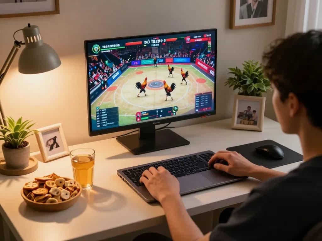 Engaged viewer enjoying live Đá gà thomo matches on laptop, showcasing home gaming atmosphere.