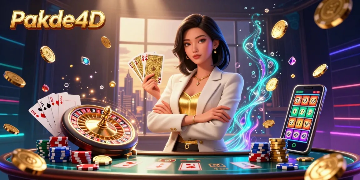 Engage with Pakde4D's vibrant casino scene featuring a powerful Asian woman showcasing a golden deck of cards.