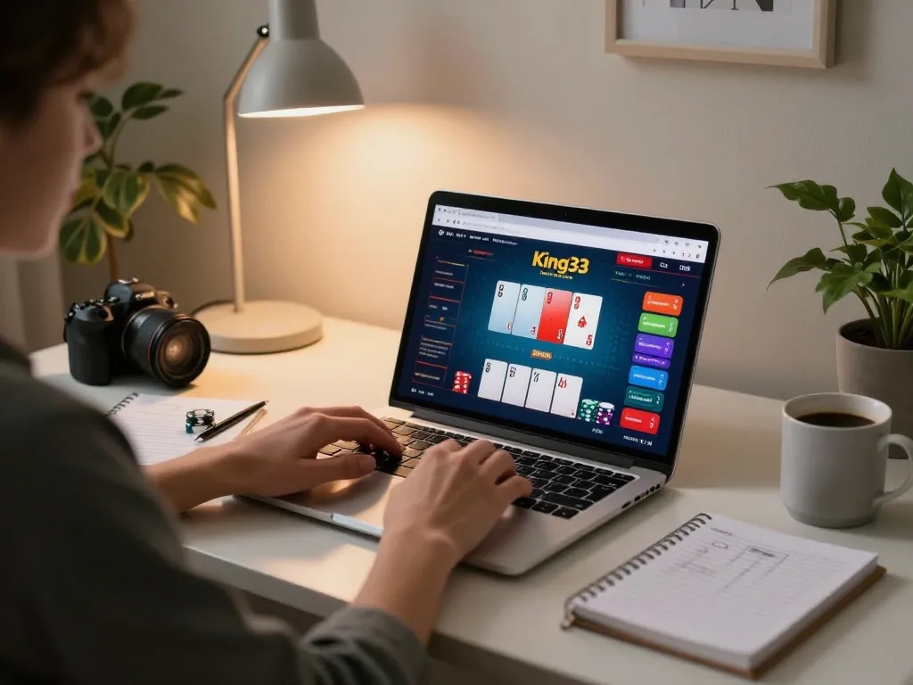 Player engaged in online poker at King33, showcasing vibrant game interface and cozy home setup.