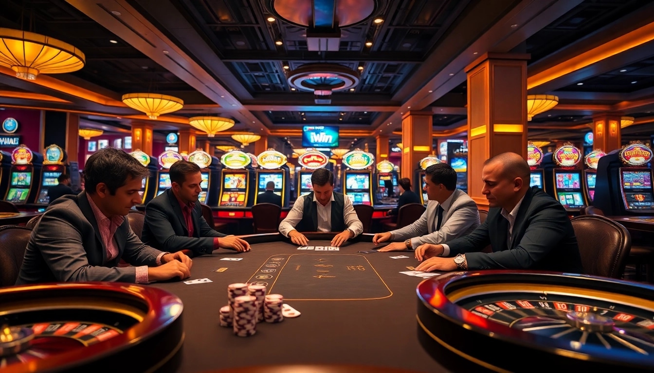 iWin poker players strategizing in a luxurious casino setting with vibrant slot machines.