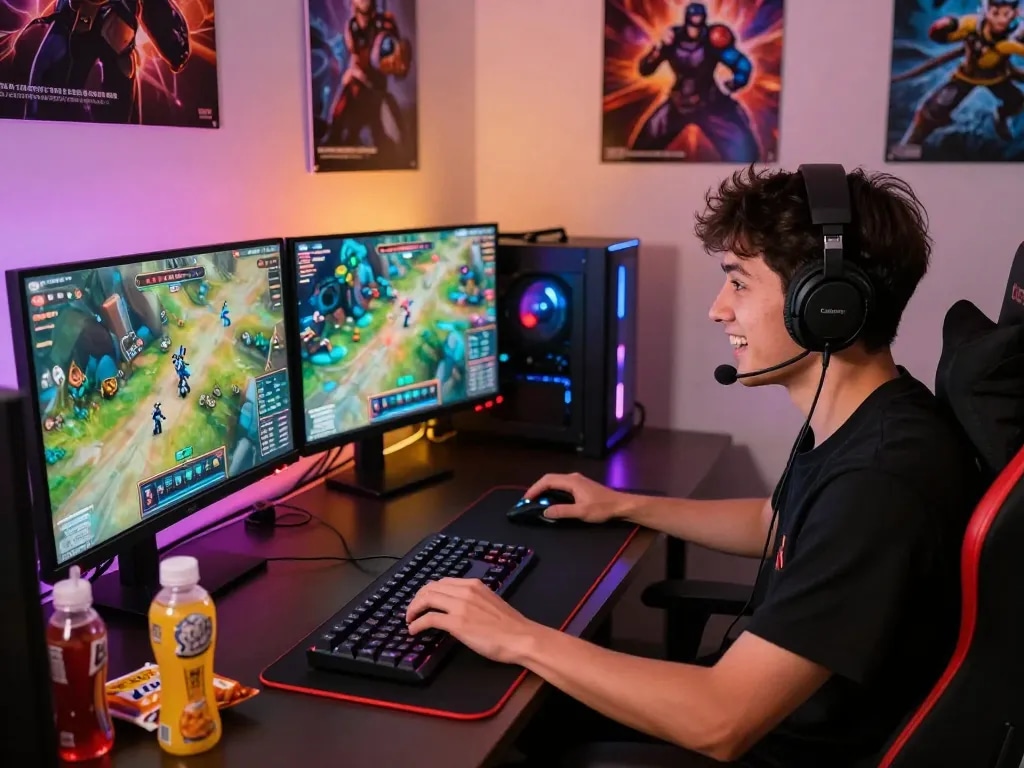 Gamer immersed in online gaming with colorful graphics and vibrant setup, showcasing dragon77.