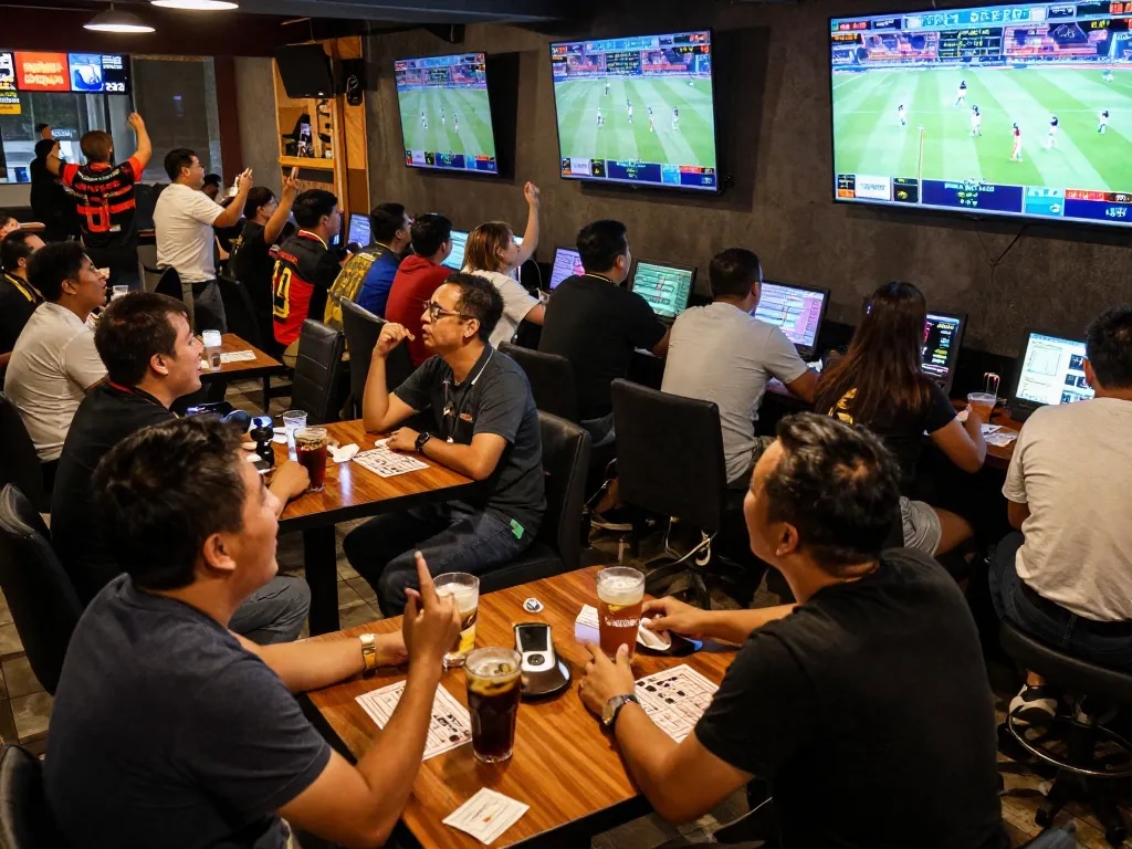Kèo nhà cái 88 patrons actively engaging in sports betting at a lively bar, with screens displaying real-time odds