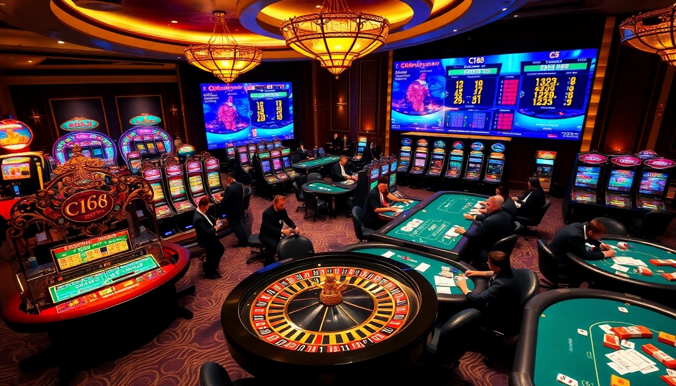 C168 players strategizing at vibrant casino tables filled with roulette and poker action.