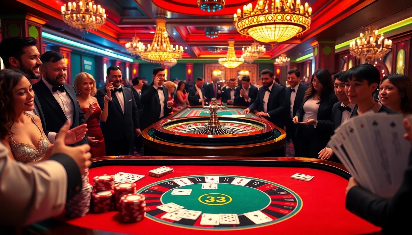 B52 gaming table with poker chips and excited players in a luxurious casino.