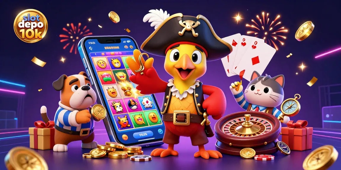 Experience thrilling wins at slot depo 10k with colorful slot games, golden coins, and vibrant characters.