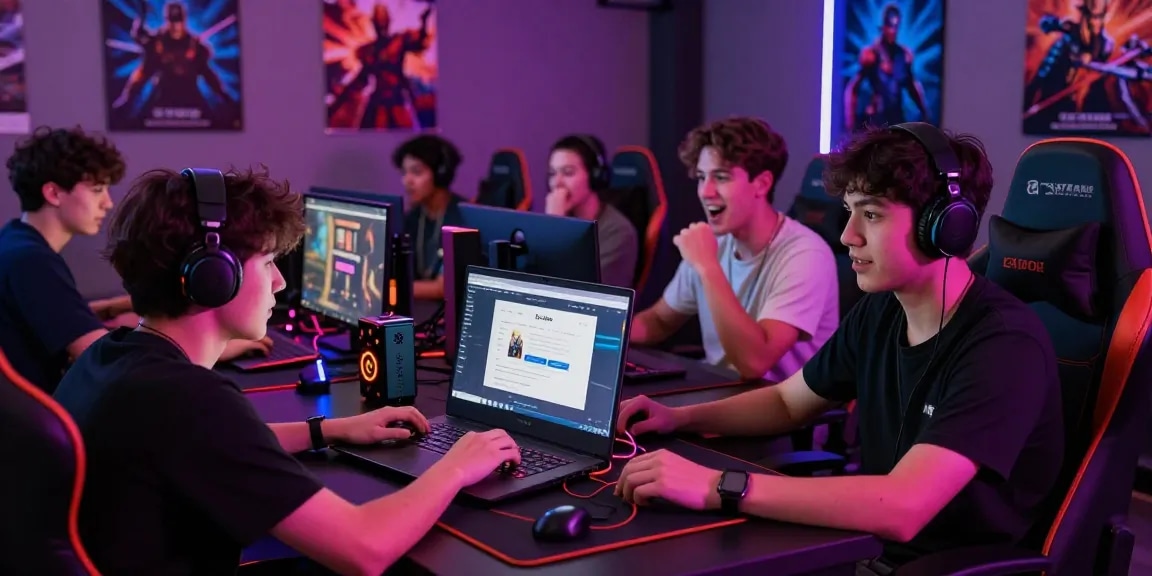 Engaged players using Raja Game login on laptops in a vibrant gaming room.