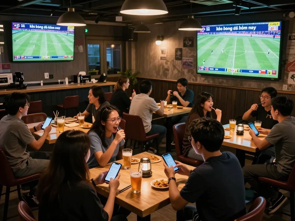 Fans engaged in kèo bóng đá hôm nay betting at a lively sports bar, enjoying drinks and cheering.
