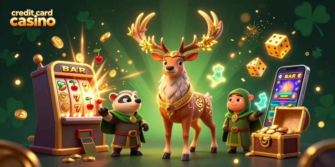 Engage in fun at a credit card casino with characters amid jackpot excitement and vibrant game elements.