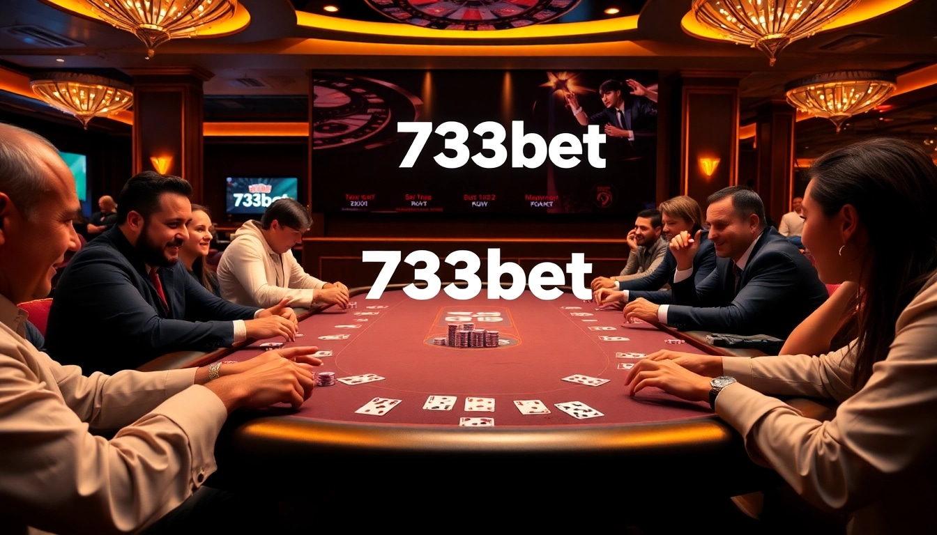 Players strategizing and enjoying a poker game at 733bet's luxurious casino table.