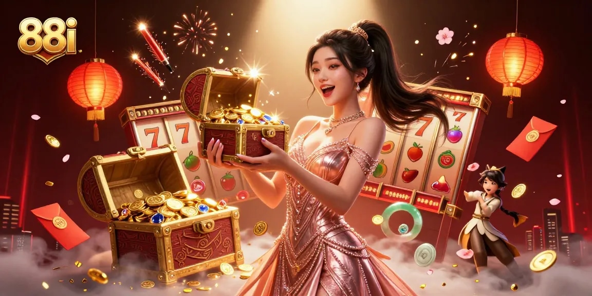 Engage in thrilling gameplay with 88i as a joyful woman presents a treasure chest of winnings