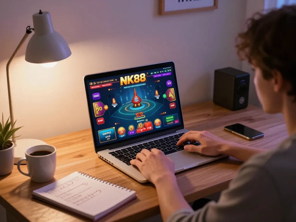 Engage in NK88 casino gaming from a cozy home desk with strategic notes and game visuals.
