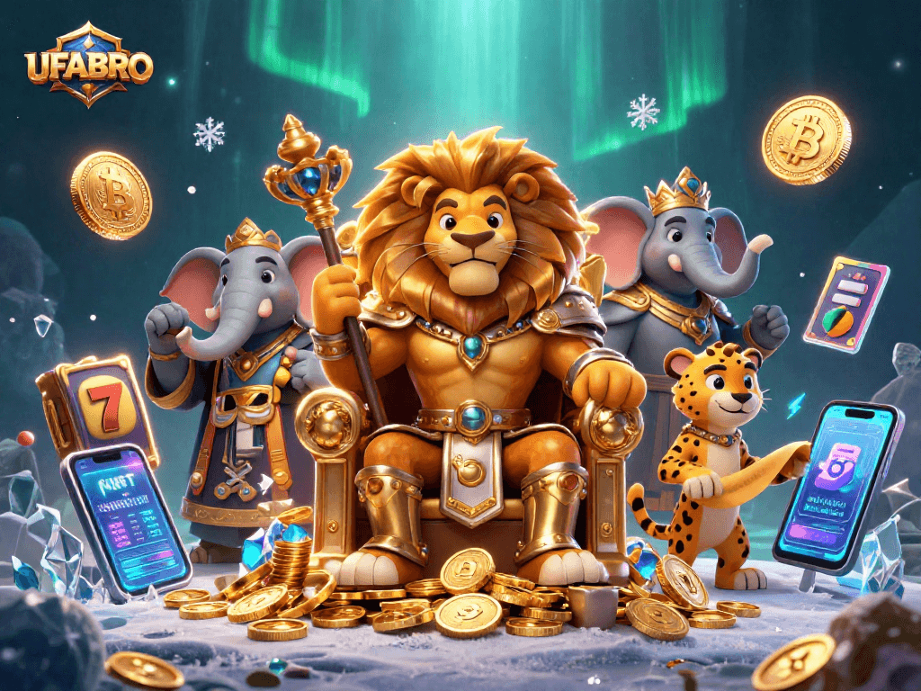 Experience UFABRO's dynamic gaming with thrilling slot reels and royal characters in action.