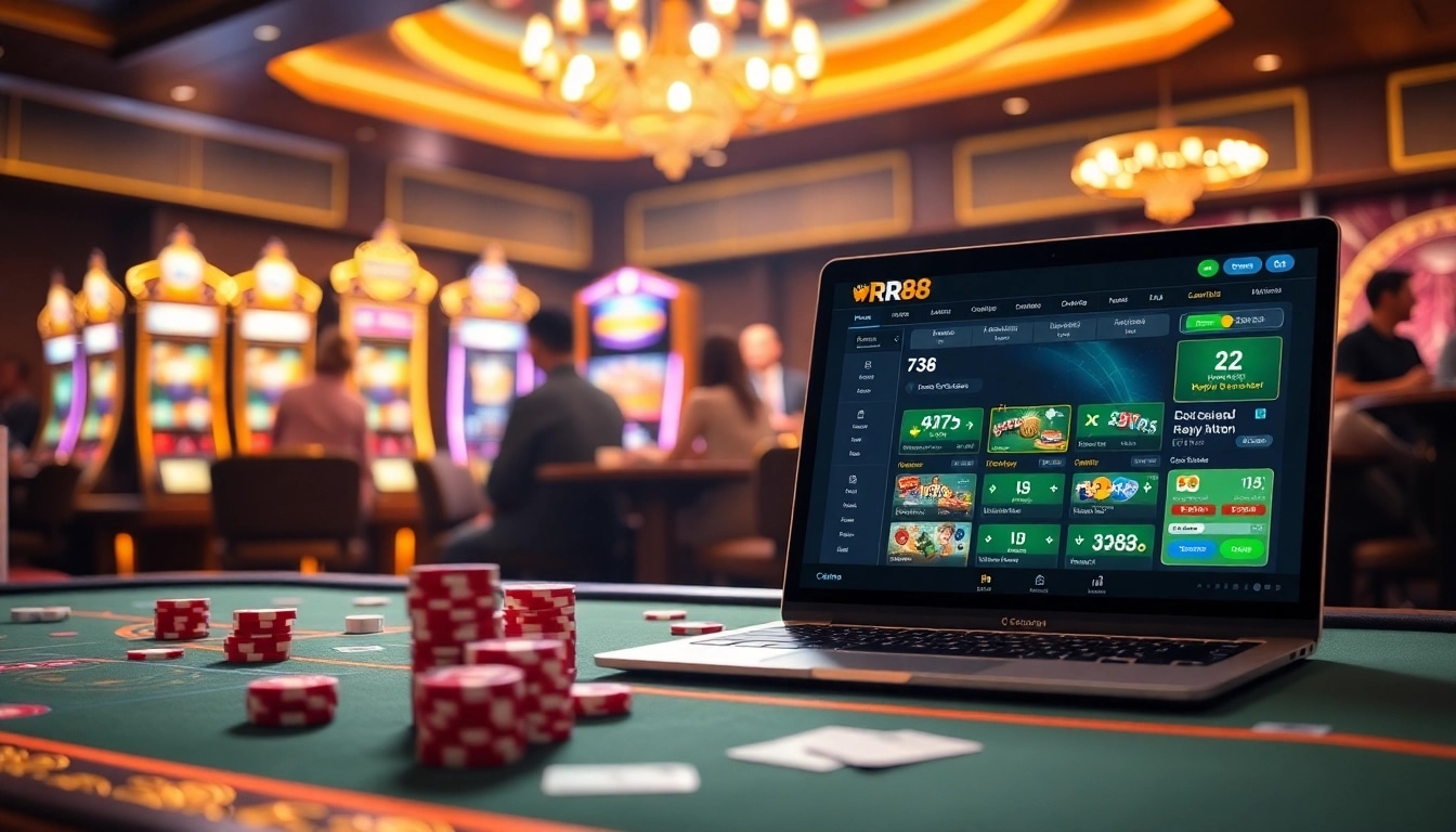 RR88 gaming players engaging in vibrant poker and slot machine activities in a luxurious casino setting.