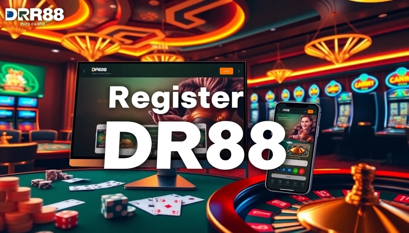 Register DR88 interface featuring casino tables and colorful slot machines for an engaging gaming experience.