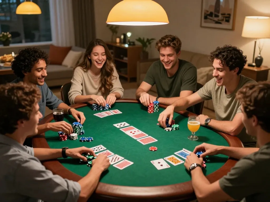 Go8 friends enjoying a competitive poker night at home, surrounded by chips and laughter.
