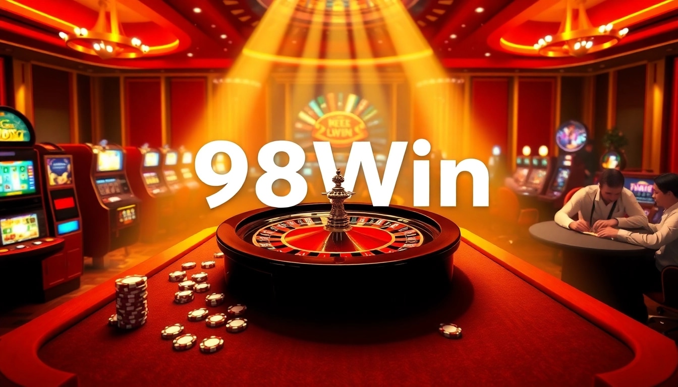 Experience the thrill of 98Win with vibrant casino tables, chips, and engaging slot machines.