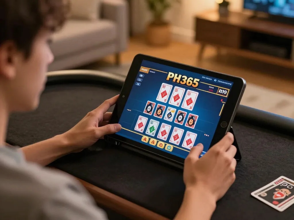 Player enjoying live dealer games on PH365 platform in a cozy home setting