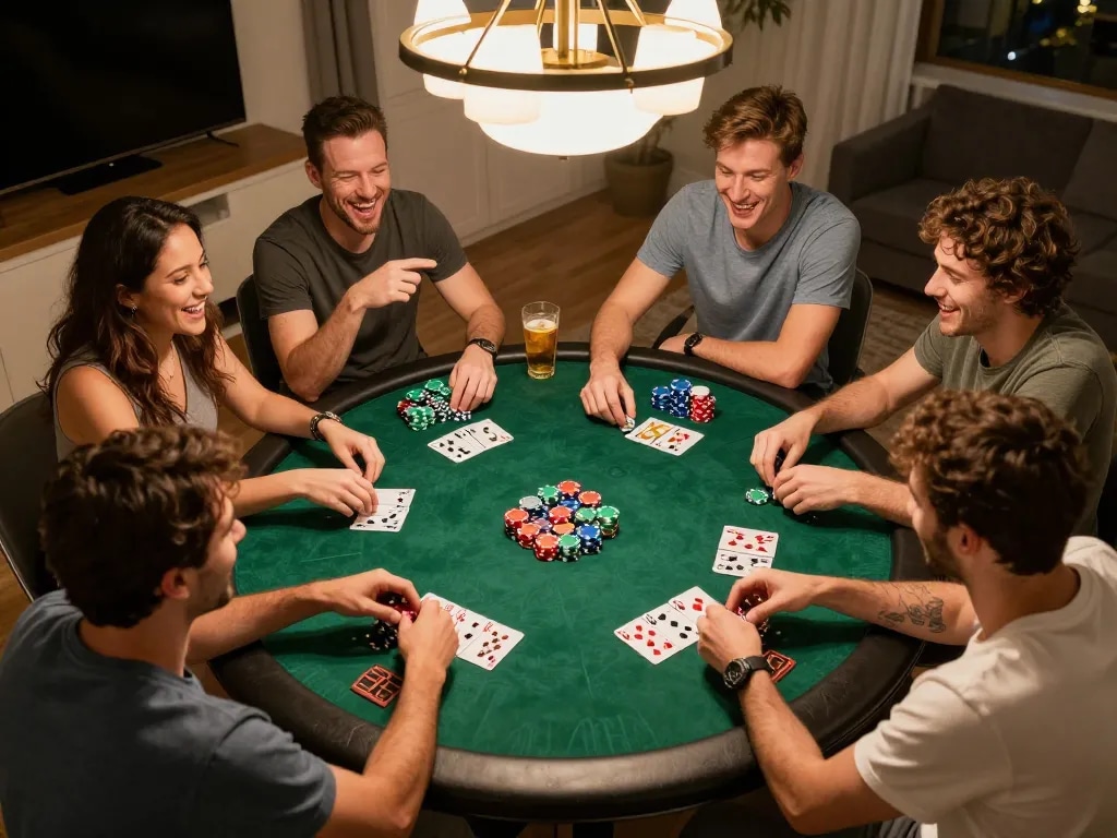 Engaged friends playing poker at home, demonstrating nekatwin link alternatif gaming excitement in a relaxed atmosphere.