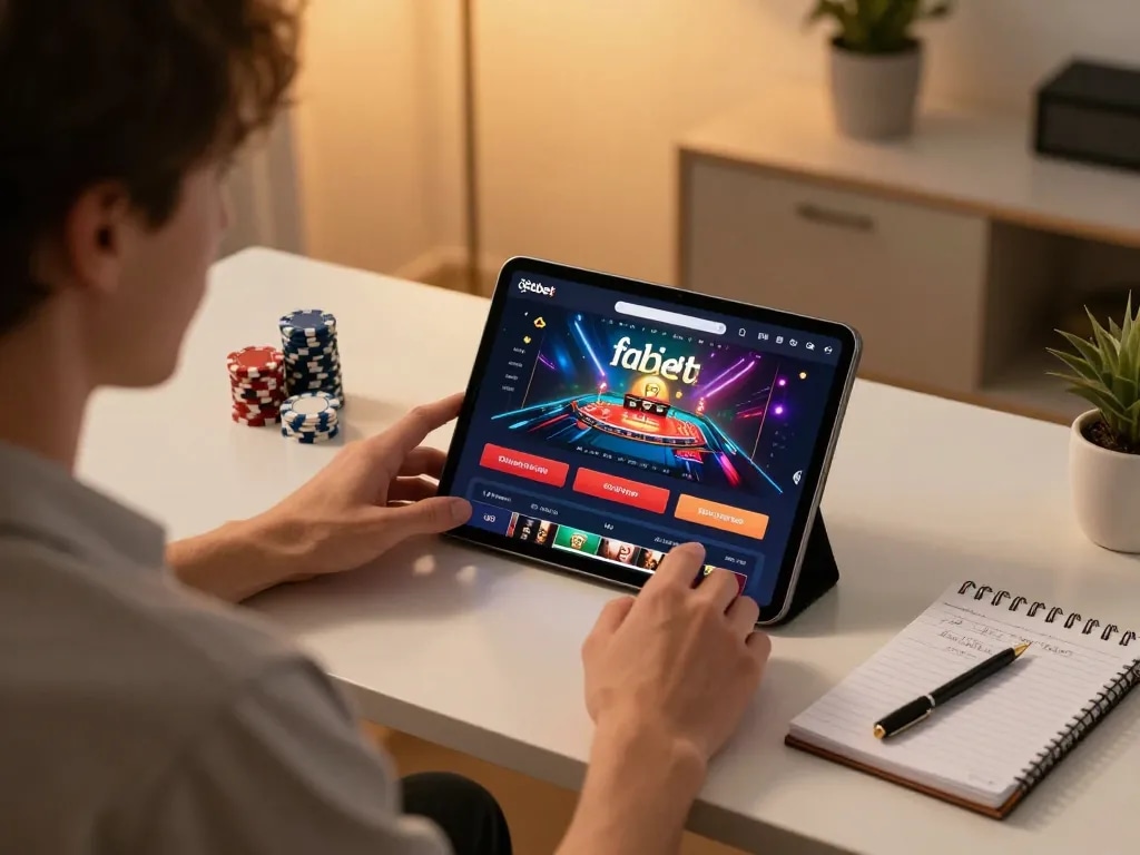 Person engaging with fabet casino app on tablet, showcasing responsible online gambling atmosphere.