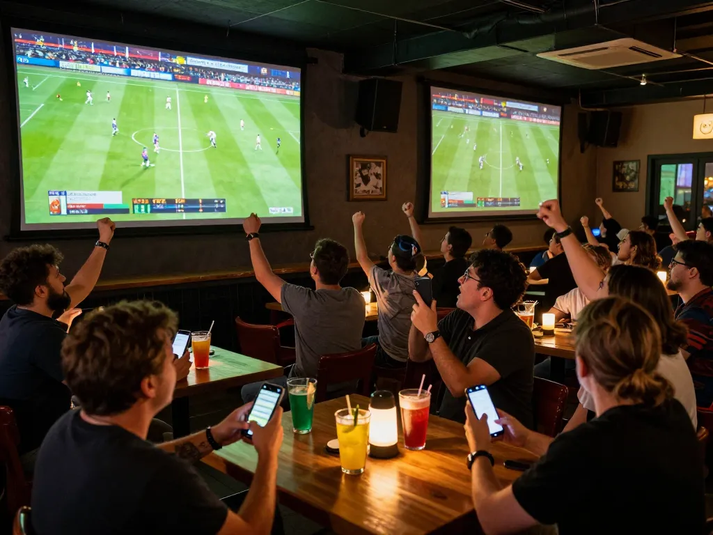 Cakhia betting action with fans cheering during live football match, smartphones in hands, vibrant atmosphere.