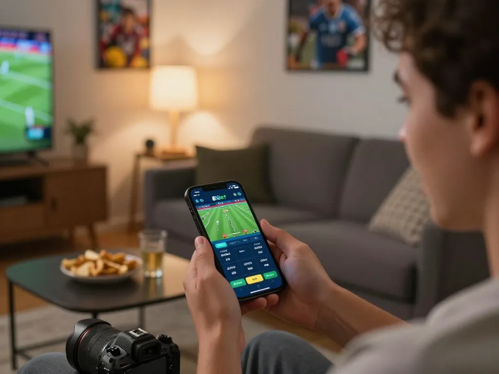 Engaged bettor using the 8xbet app for live sports betting, capturing excitement in a cozy setting.