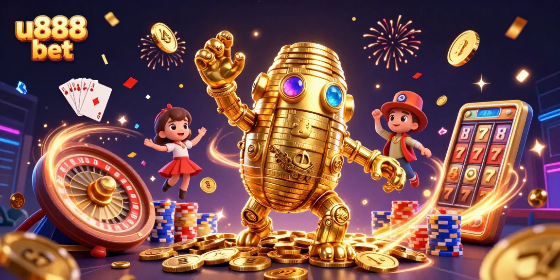 Win at u888 bet with a thrilling gold golem surrounded by slots, cards, and casino energy.