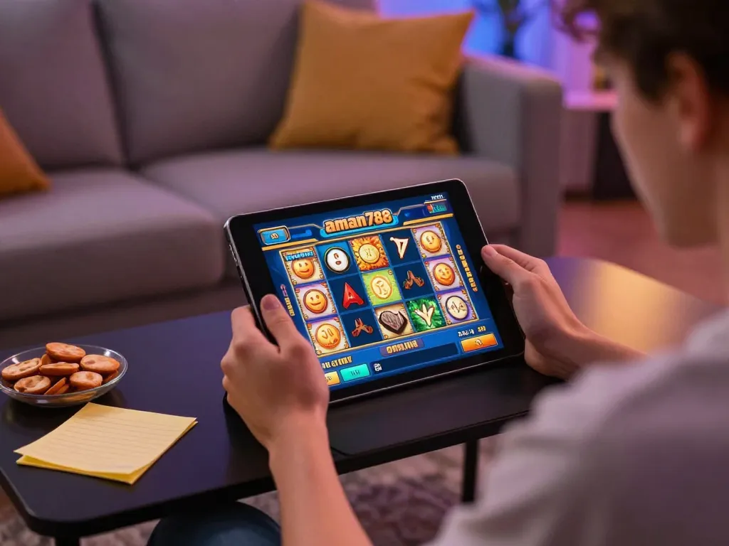 Pemain yang terlibat menikmati aman788 slot online di tablet dengan pengaturan rumah yang nyaman dan camilan.