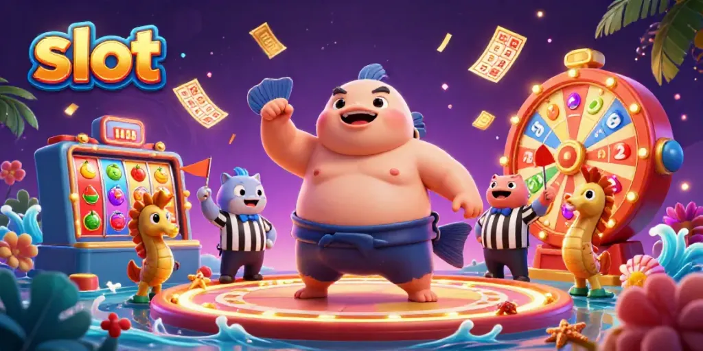 Engaging slot-themed scene featuring a cartoon fugu in a casino setting with colorful game elements.