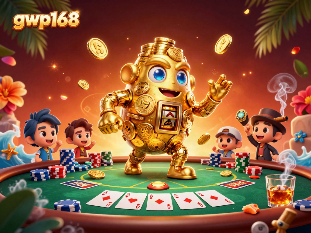 Permainan slot GWP168 dengan golem emas bergerak dan simbol mesin slot, pengalaman bermain yang mengesankan.