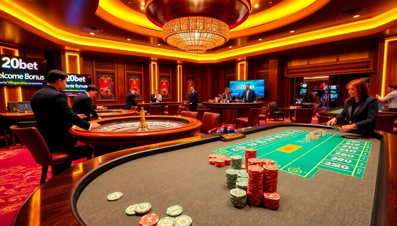 Experience thrilling gaming at 20bet Casino with vibrant poker tables and exciting roulette wheels.