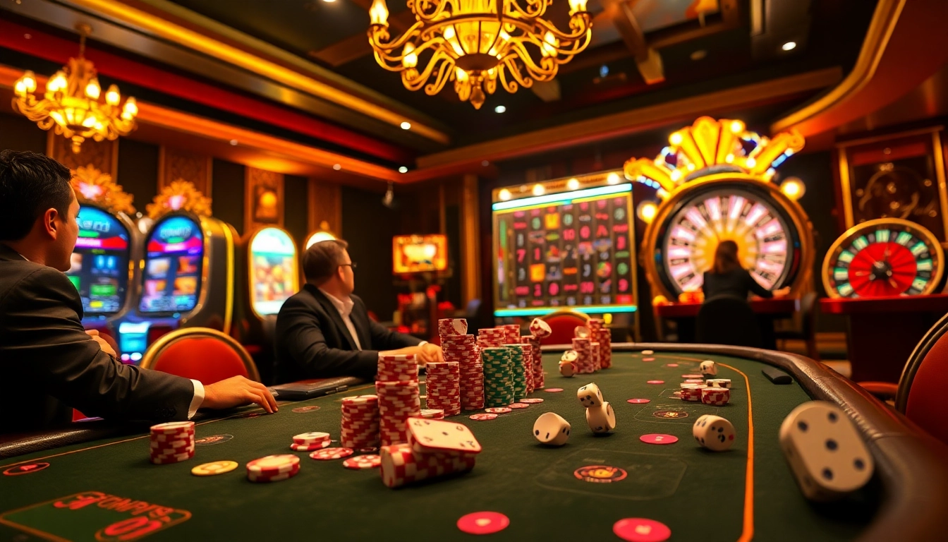 Players engaging at the RR88 poker table, showcasing excitement and professionalism in a vibrant gambling scene.