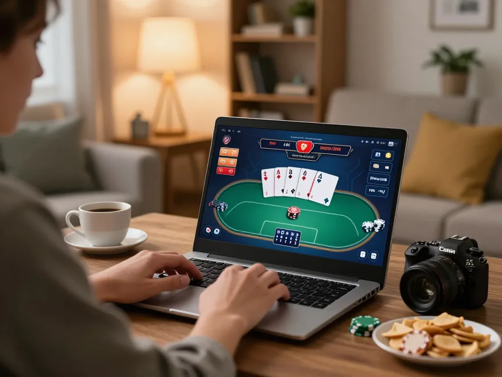 Playing at an online casino Malaysia on a laptop in a cozy living room with a strategic atmosphere