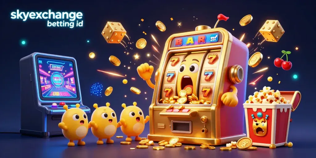 Bet on skyexchange betting id with a vibrant 3D illustration showcasing slot machines celebrating a jackpot.