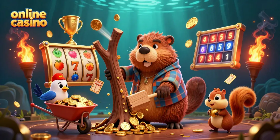 Engaging online casino illustration with beaver, bird, and squirrel amidst slot reels and golden coins.